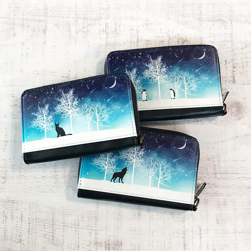Mini Wallet Winter starry sky / coin case / card case / star / moon / cat / snow - Wallets - Faux Leather Blue