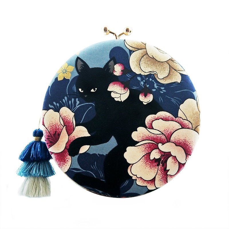 新款日式花開富貴貓雙面不同小圓包三式手提斜肩單肩口金包 - 側背包/斜孭袋 - 棉．麻 藍色