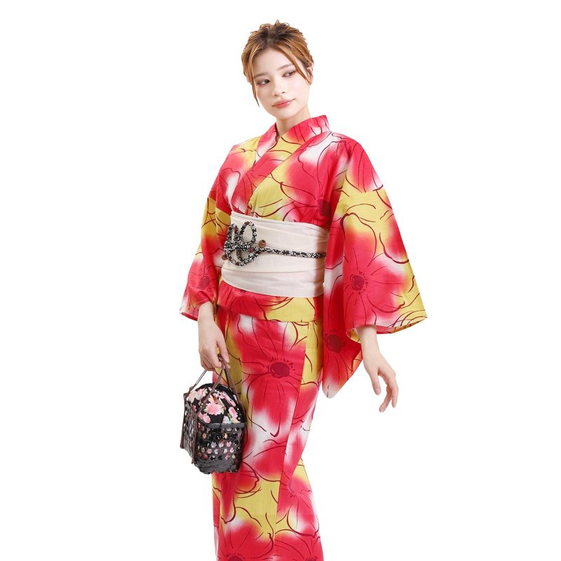 日本 和服 日本染色 梭織 女性 浴衣 腰帶 2件組 F size x71-a2 - 其他 - 棉．麻 紅色