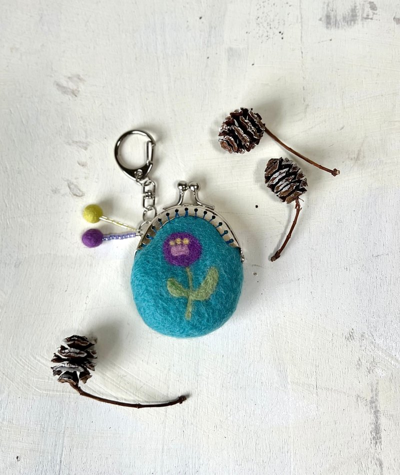 花の羊毛刺繍ミニミニがま口ーブルー - 零錢包/小錢包 - 羊毛 藍色