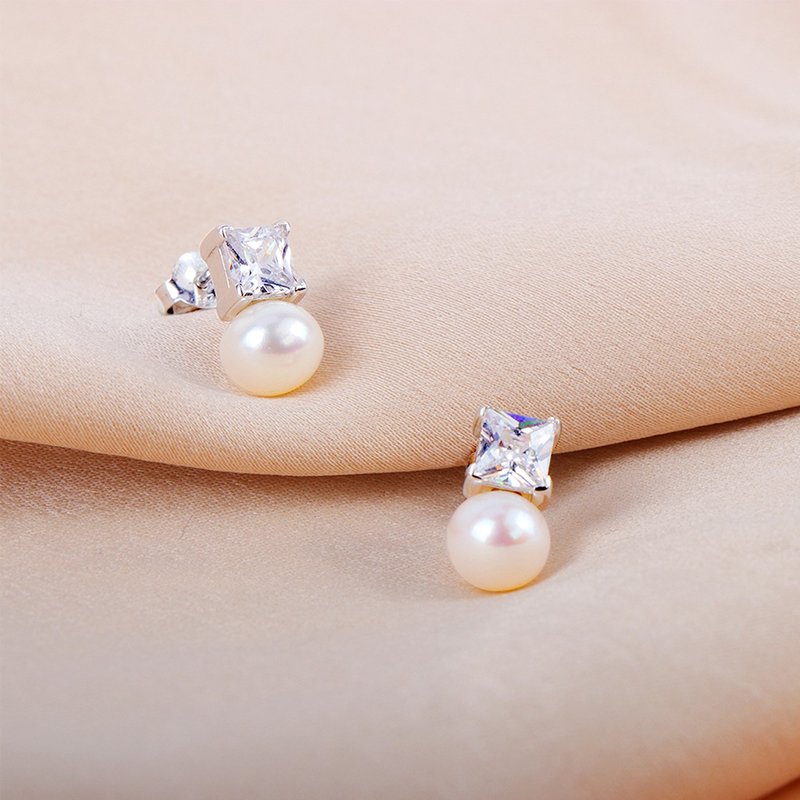 Real Freshwater Pearl and Princess Cut CZ Drop Earrings In Pure 925 Sterling Sil - Earrings & Clip-ons - Pearl White