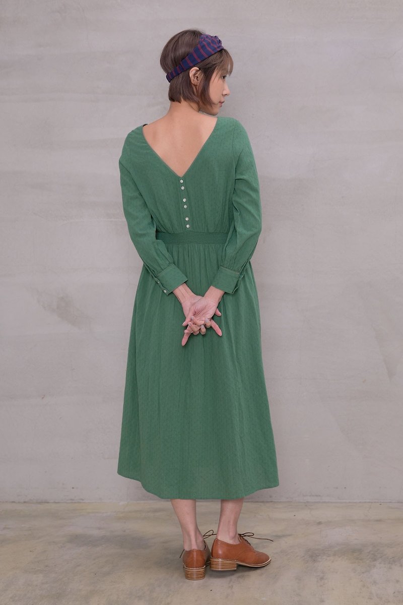 Lady Ingrid Jacquard& Back V-neck Dress - ชุดเดรส - ผ้าฝ้าย/ผ้าลินิน สีเขียว