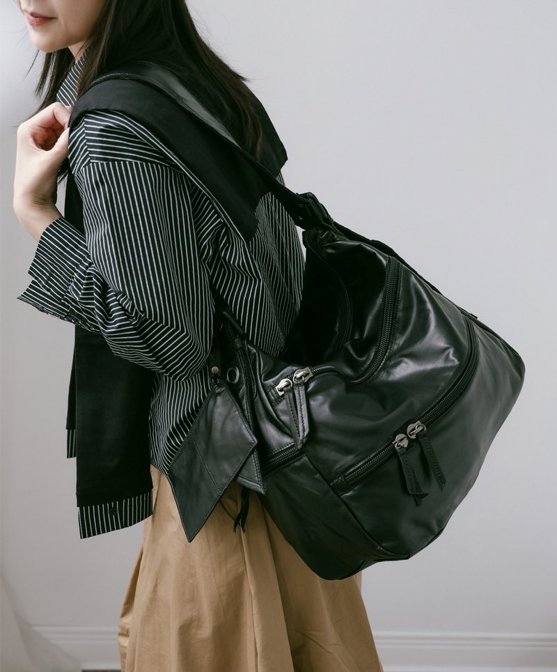 supportingrole大容量多層拉鍊口袋百搭輕量旅行皮手提肩斜背包 - 側背包/斜背包 - 真皮 黑色