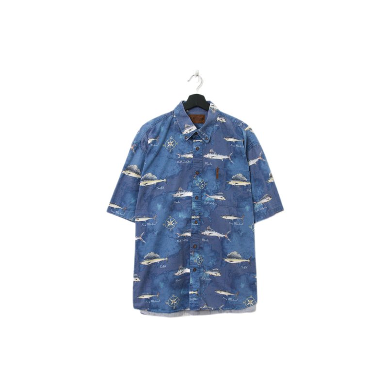 Back to Green-魚圖騰短袖襯衫 海水藍指南針ff-06 vintage shirt - 男襯衫/休閒襯衫 - 棉．麻 
