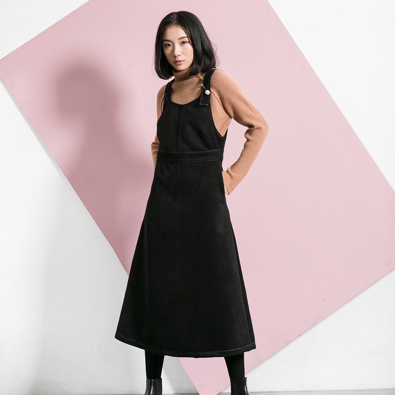 Annie Chen 2016 fall and winter clothes new women Slim straight black V-neck vest dresses women dress in the long section - ชุดเดรส - ผ้าฝ้าย/ผ้าลินิน สีดำ