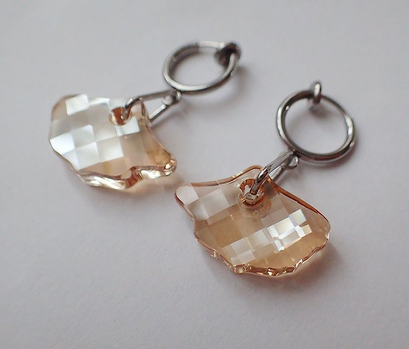銀杏, 施華洛世奇元素 & 不鏽鋼 耳圈夾 耳環 (一對) - 耳環/耳夾 - 玻璃 金色