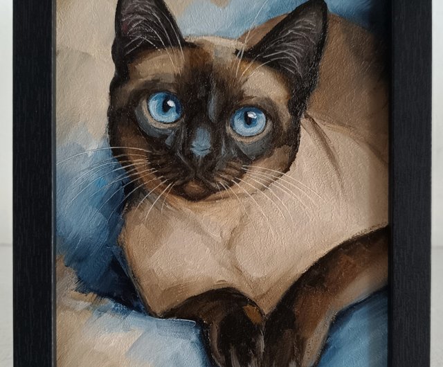 シャム猫　アート　絵画　極美品 シャム猫の肖像画油絵タイ猫アート 13*18 センチメートル