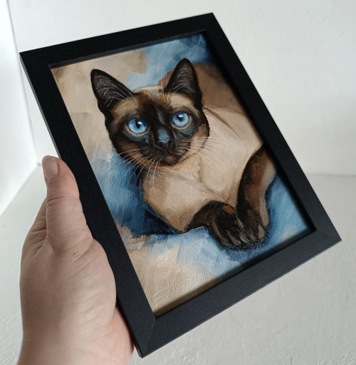 シャム猫の肖像画油絵タイ猫アート 13*18 センチメートル