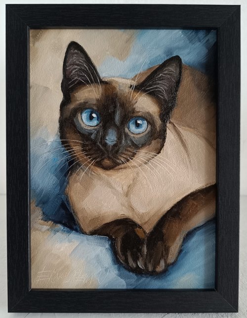 シャム猫　アート　絵画　極美品 シャム猫の肖像画油絵タイ猫アート - ショップ OlesyaArt