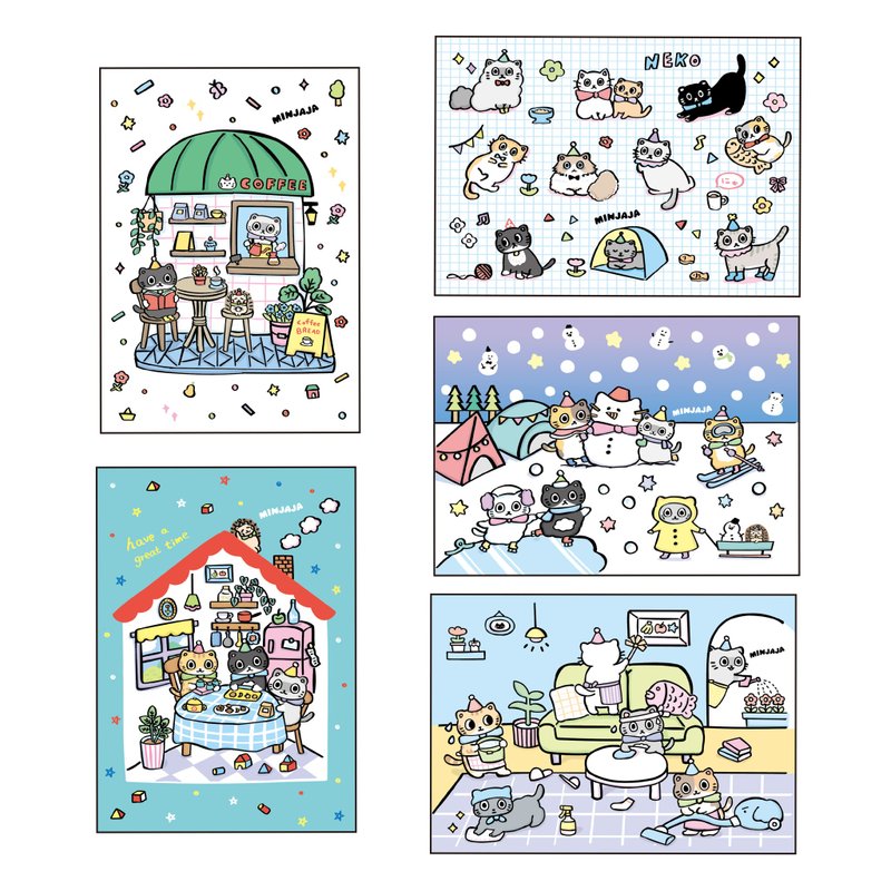 貓咪插畫明信片・套組 (5入) - 卡片/明信片 - 紙 