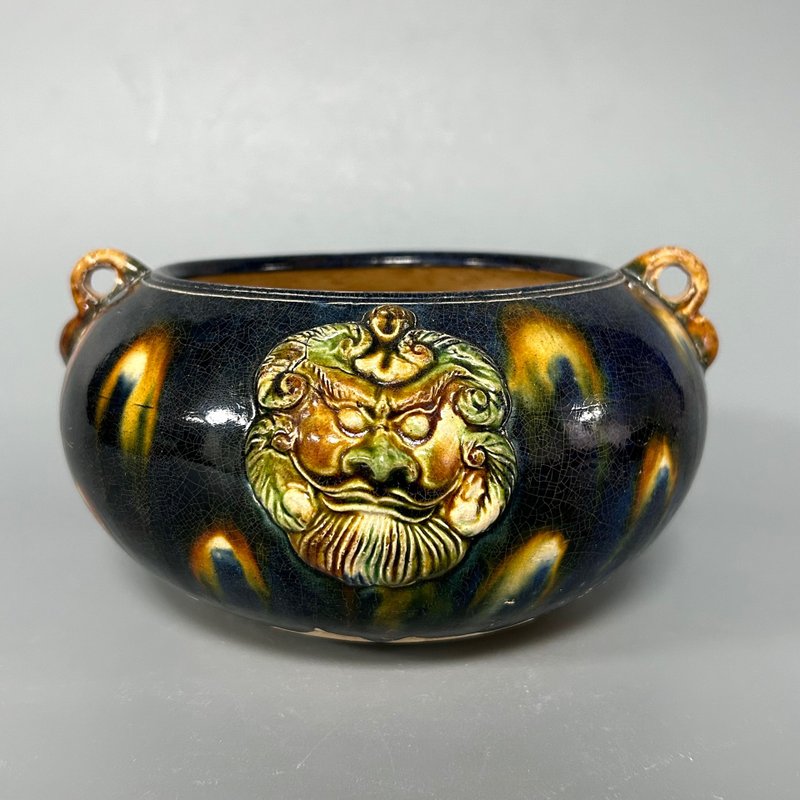 Tang Dynasty Tri-color Applied Floral Double-Handled Basin - ของวางตกแต่ง - ดินเผา สีกากี