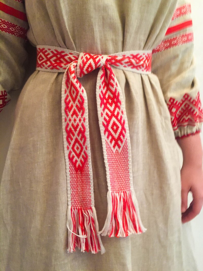 Tablet Woven Belt, Medieval Sash, Pagan Belt, Knitted Belt, Ethnic clothes, G - เข็มขัด - ผ้าฝ้าย/ผ้าลินิน สีแดง