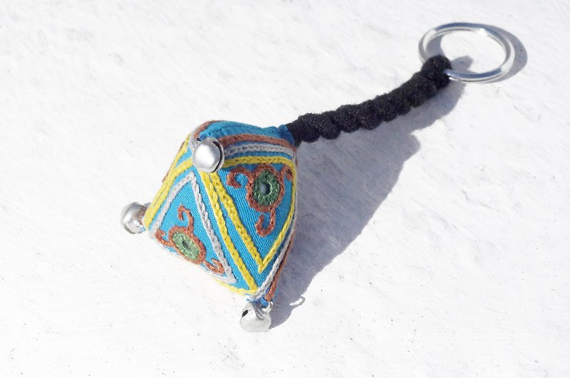 Hand embroidered ornament triangle key ring feel embroidery key ring-desert wind embroidery geometric triangle - Keychains - Cotton & Hemp Multicolor