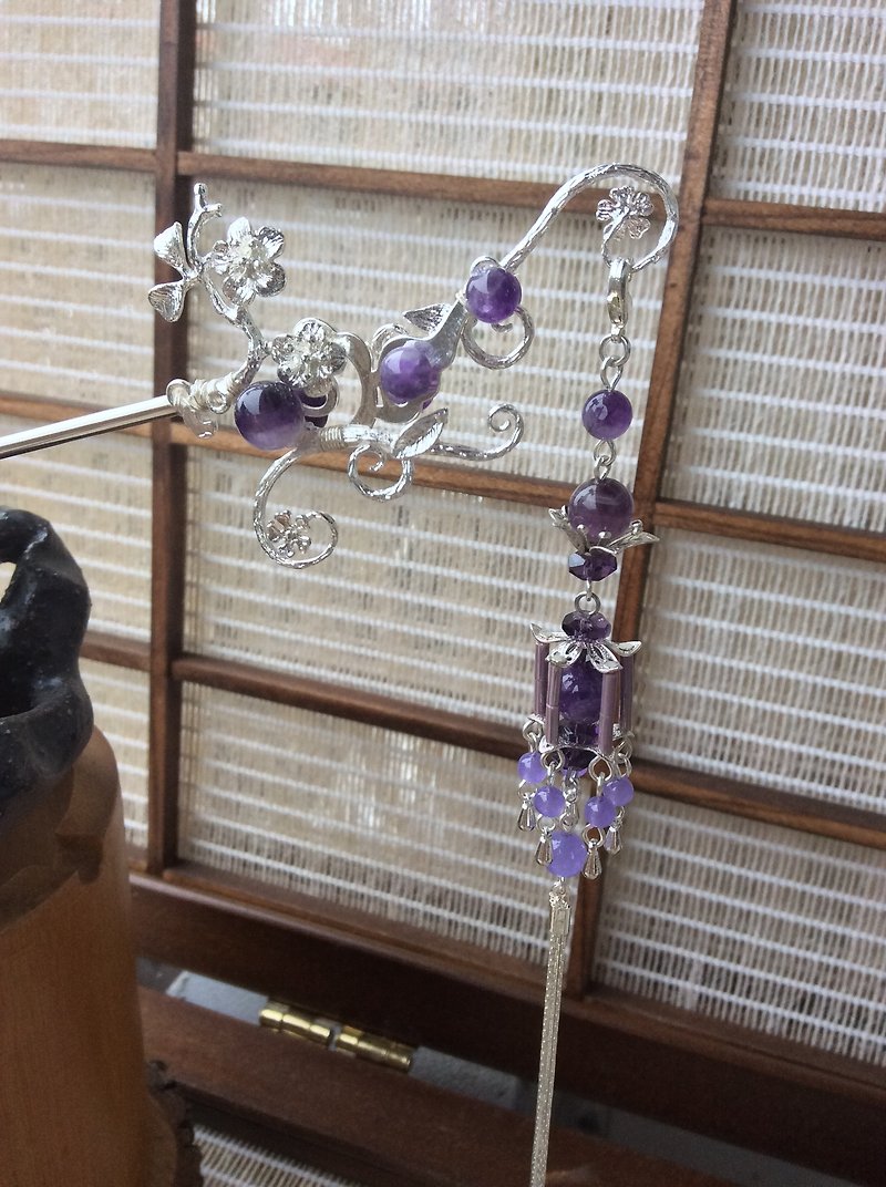 Meow Handmade~Hairpin/Night Flower (Purple/ Silver) - เครื่องประดับผม - วัสดุอื่นๆ สีม่วง