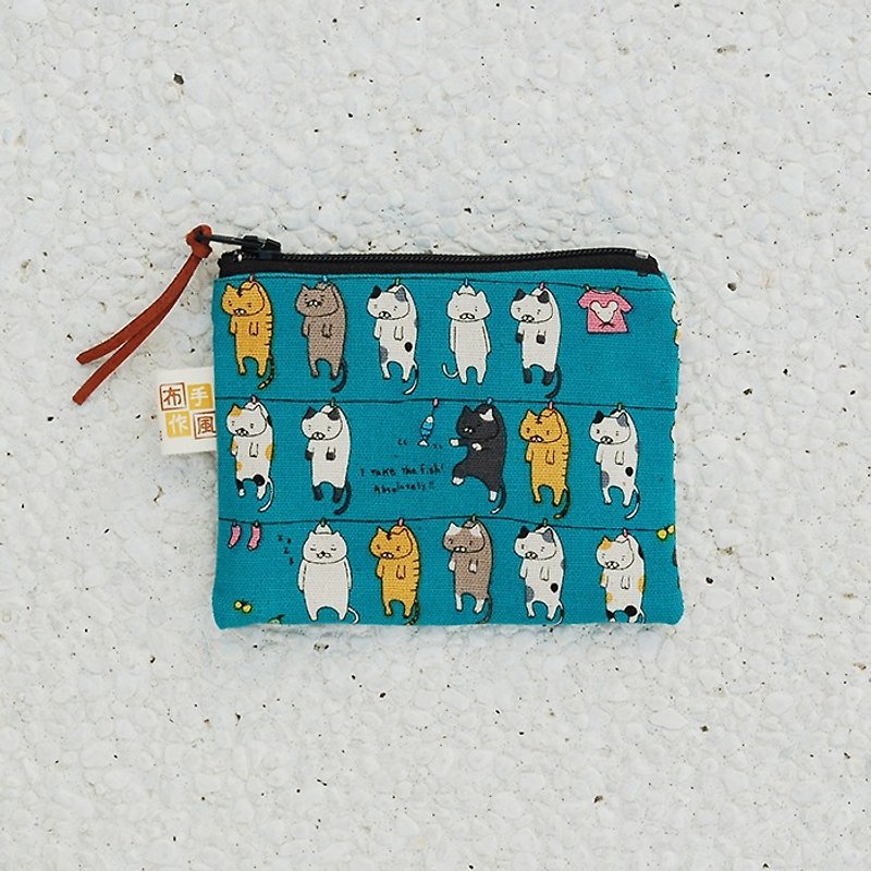 晒貓咪零錢袋 - 零錢包/小錢包 - 棉．麻 藍色