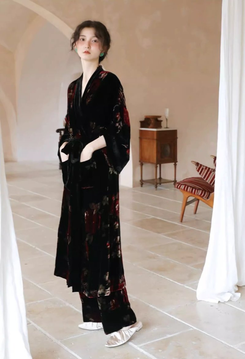 French retro velvet home wear suit - Loungewear & Sleepwear - Other Materials Black