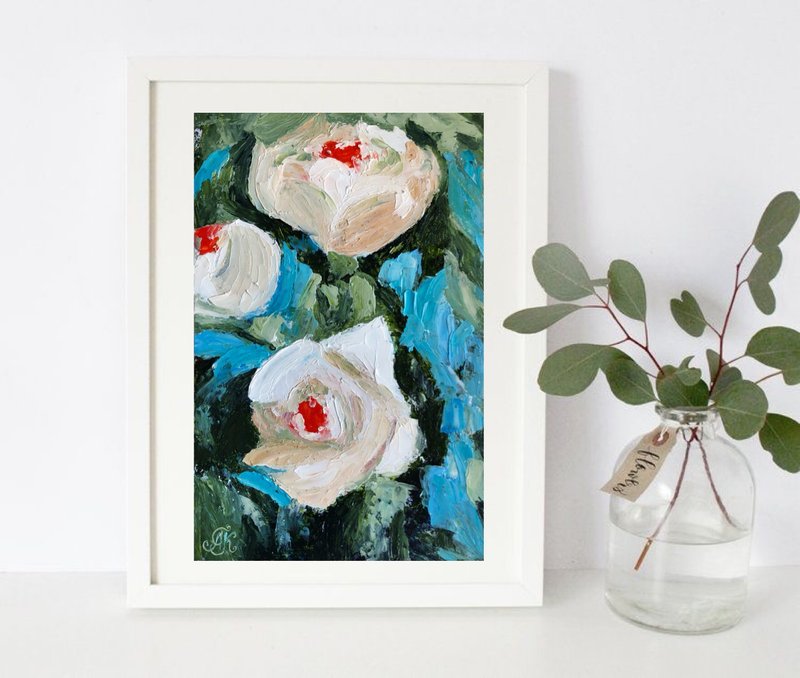 White rose flowers original oil painting impasto handmade wall art 6 x 9 inches - 壁貼/牆壁裝飾 - 其他材質 多色