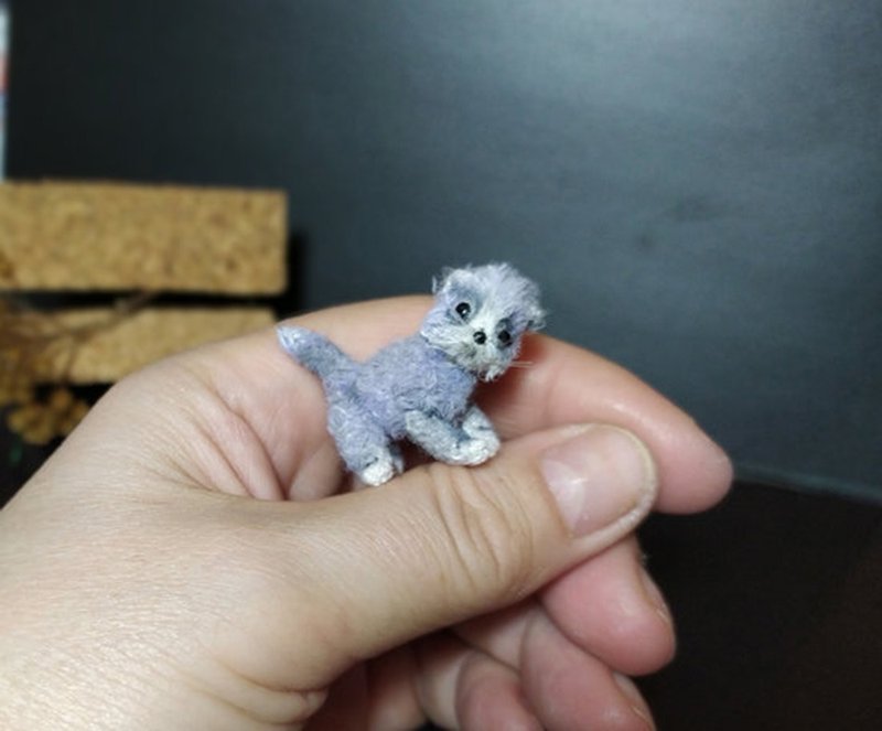 Miniature knitted collectible figurine of the teddy kitten  amigurumi cute toy - Stuffed Dolls & Figurines - Wool Gray