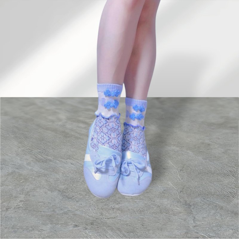【予約】新作　ライトブルー×ブルー　チャイナボタンカラフルメロウソックス 派手靴下 個性的 22.5〜28 女性靴下 socks - 襪子 - 其他材質 藍色