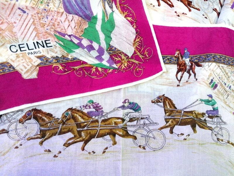 Celine Vintage Handkerchief Equestrian European Horse Racing 20.5 x 20 inches - ผ้าเช็ดหน้า - ผ้าฝ้าย/ผ้าลินิน สีแดง
