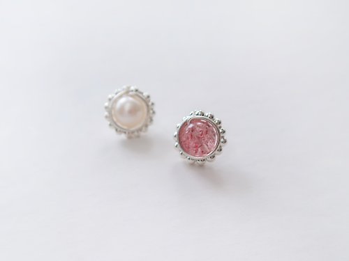 COOL & HOT 925純銀 大花 珍珠 草莓晶 耳環 耳夾一對