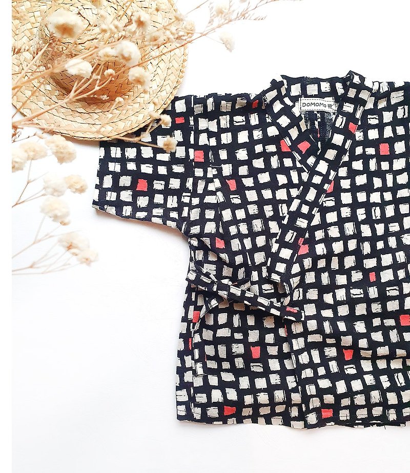 A set of dopamine contrasting color squares Jinbei kimono baby clothes tops and pants - ของขวัญวันครบรอบ - ผ้าฝ้าย/ผ้าลินิน สีดำ