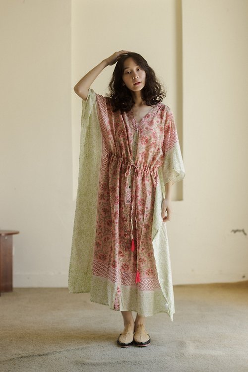 KALAKAR 印度棉排釦蝴蝶洋裝_小草綠點
