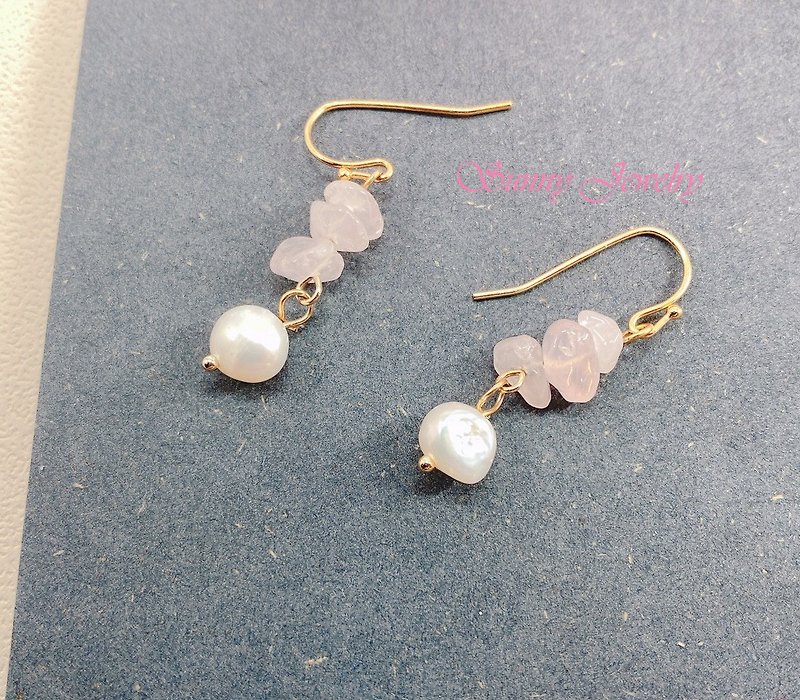 粉水晶珍珠耳環 - 耳環/耳夾 - 其他材質 粉紅色