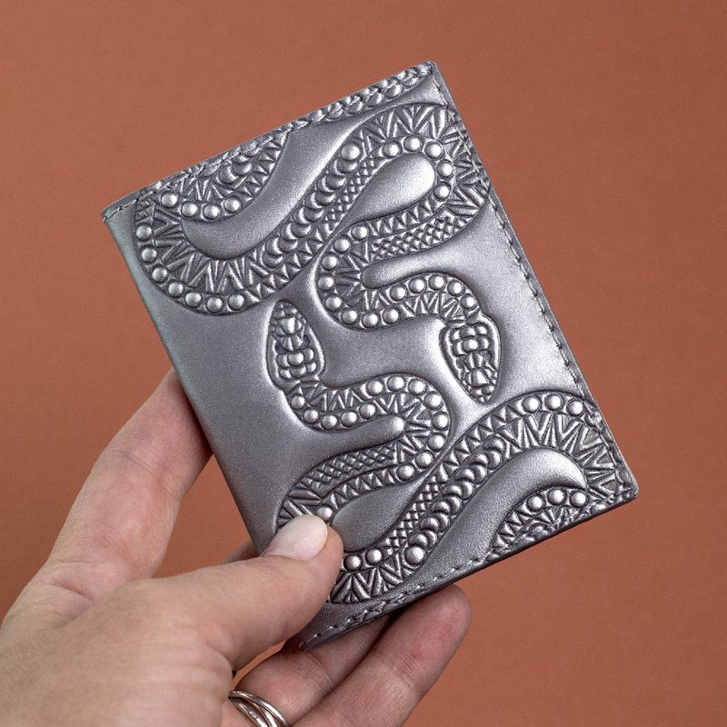 Leather Card Case Silver Snakes, Business Card Holder for Women for Men - Card Holders & Cases - Genuine Leather Silver