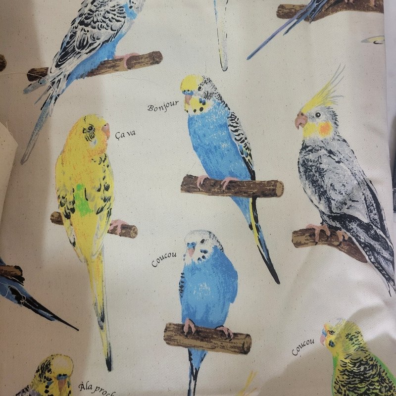 Customized monk parrot custom design + watercolor parrot Japanese cloth - กระเป๋าหูรูด - ผ้าฝ้าย/ผ้าลินิน สีกากี