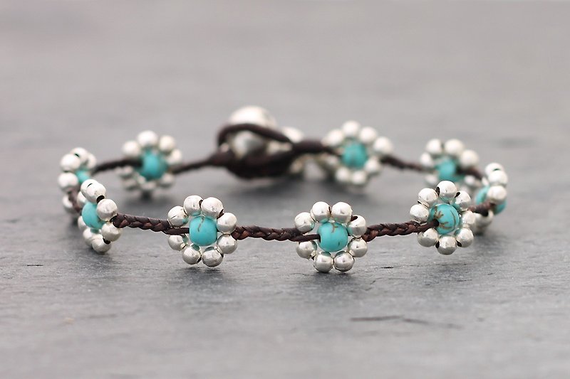 Turquoise Flower Bracelets Silver Braided Cute Summer - สร้อยข้อมือ - โลหะ สีเขียว