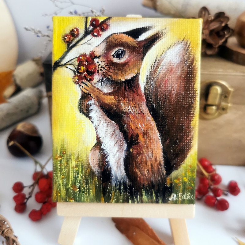 Squirrel mini painting 9x7 cm with easel, Red squirrel, Forest animal desk decor - Wall Décor - Cotton & Hemp Yellow