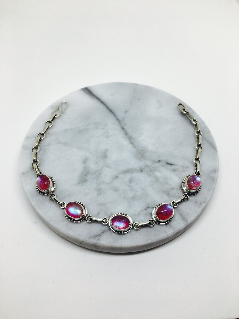 Nepal handmade inlaid pink Moonstone Sterling Silver Bracelet Valentine's Day gift - Bracelets - Gemstone Red