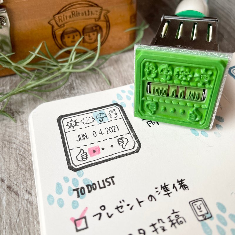 Rira Rira Hanko 毎日のログに【お天気、体調、日付】回転日付印 36mm 角 - 印章/印台 - 其他金屬 多色