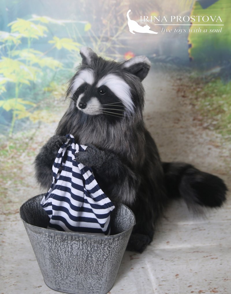 Raccoon realistic toy. Stuffed animals. Poseable art doll - Stuffed Dolls & Figurines - Other Materials Gray