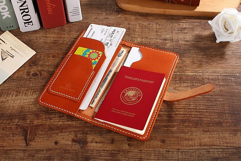 【切線派】日式純手工便攜式牛皮護照長款錢包008款Leather Passport Case 棕色 - 銀包 - 真皮 咖啡色
