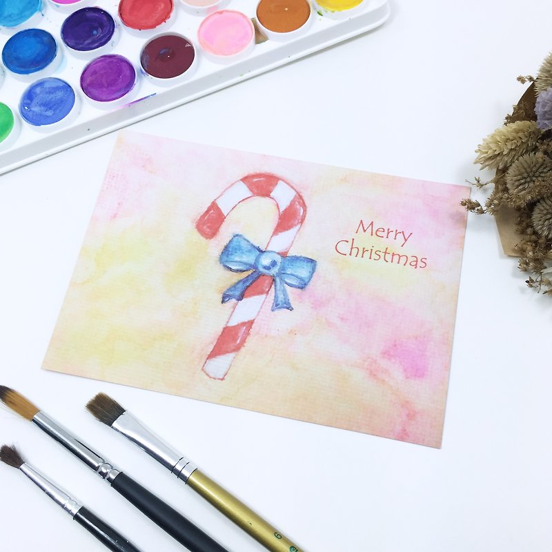 [Candy Cane] Christmas Card Postcard Gift Plain Envelope Christmas Gift Exchange Gift Summery Watercolor Hand Painted - การ์ด/โปสการ์ด - กระดาษ สึชมพู