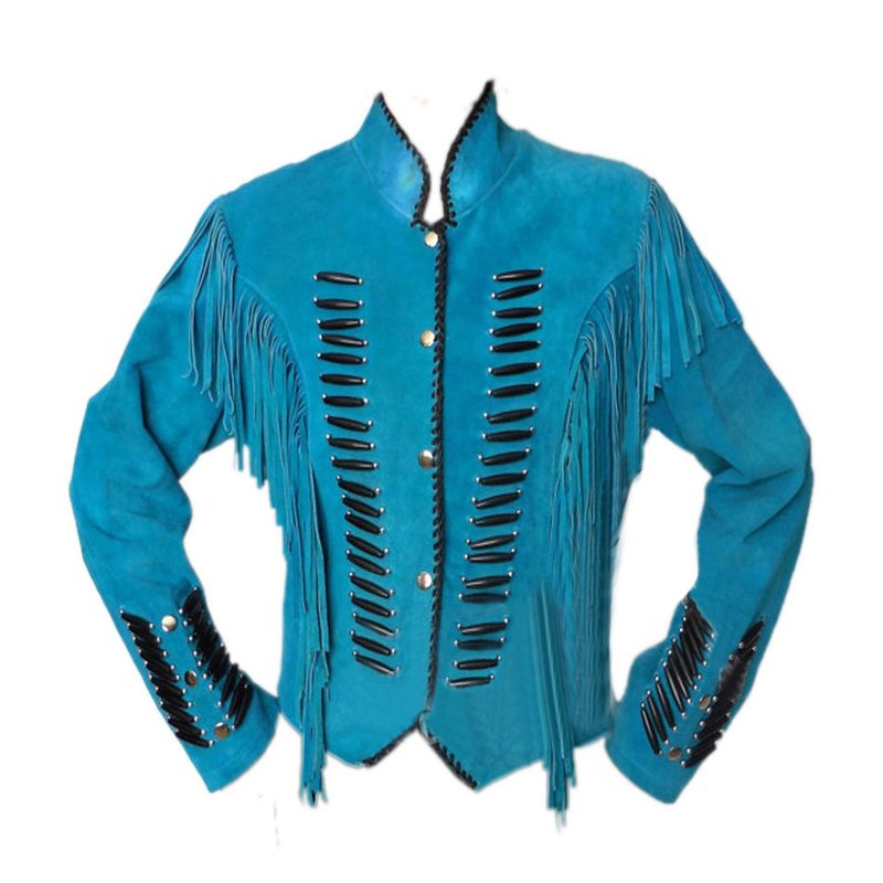 Euro Collar Vintage Suede Fringed Jacket - เสื้อสูท/เสื้อคลุมยาว - หนังแท้ สีน้ำเงิน