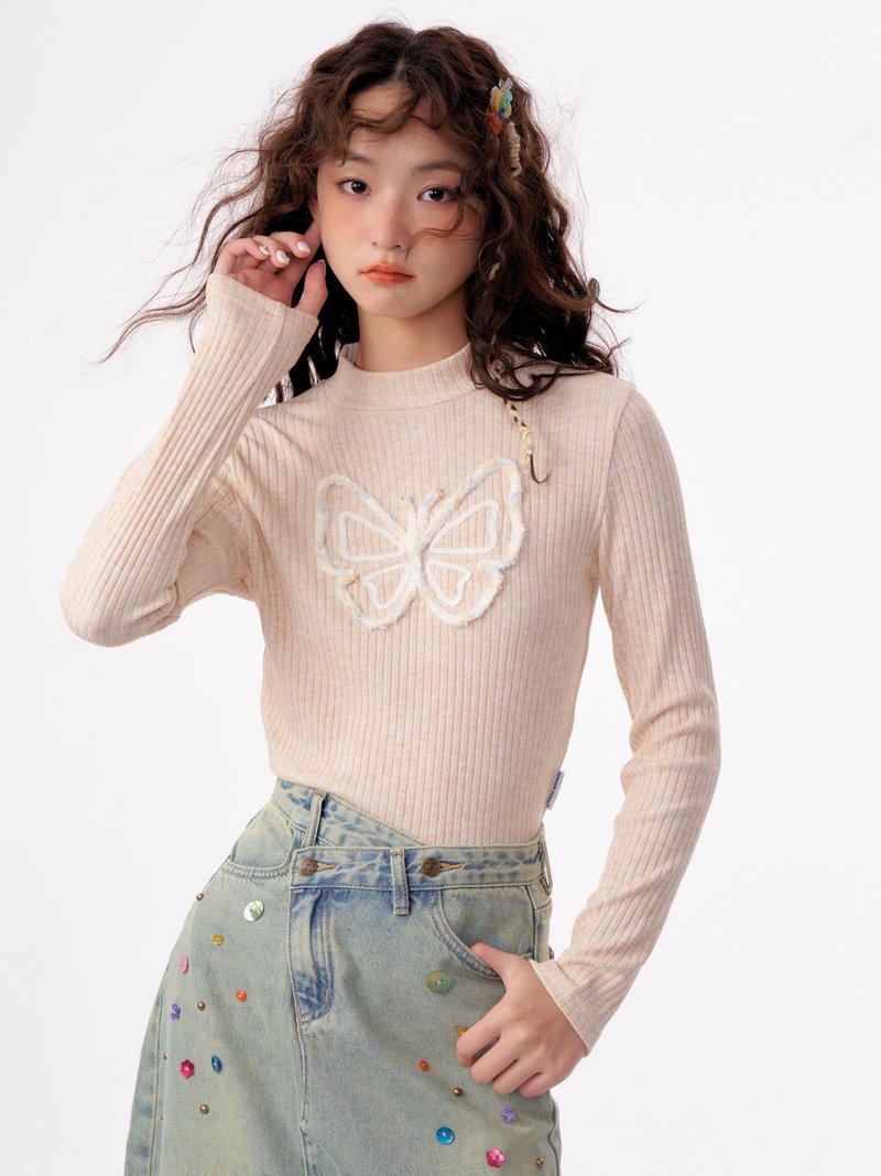 ziziFei秋冬美式復古長袖T恤上衣蝴蝶半高領修身顯瘦針織打底衫女 - 女上衣/長袖上衣 - 其他材質 