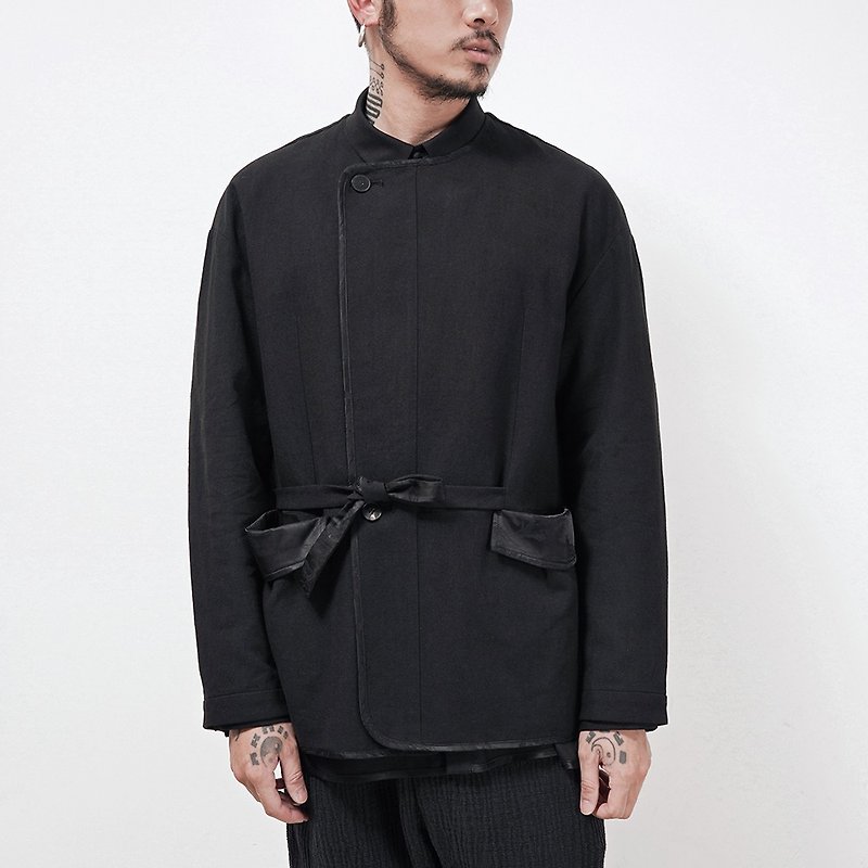 中國風復古漢服圓領繫帶亞麻寬鬆日系工裝感夾克短外套 - 外套/大衣 - 棉．麻 黑色