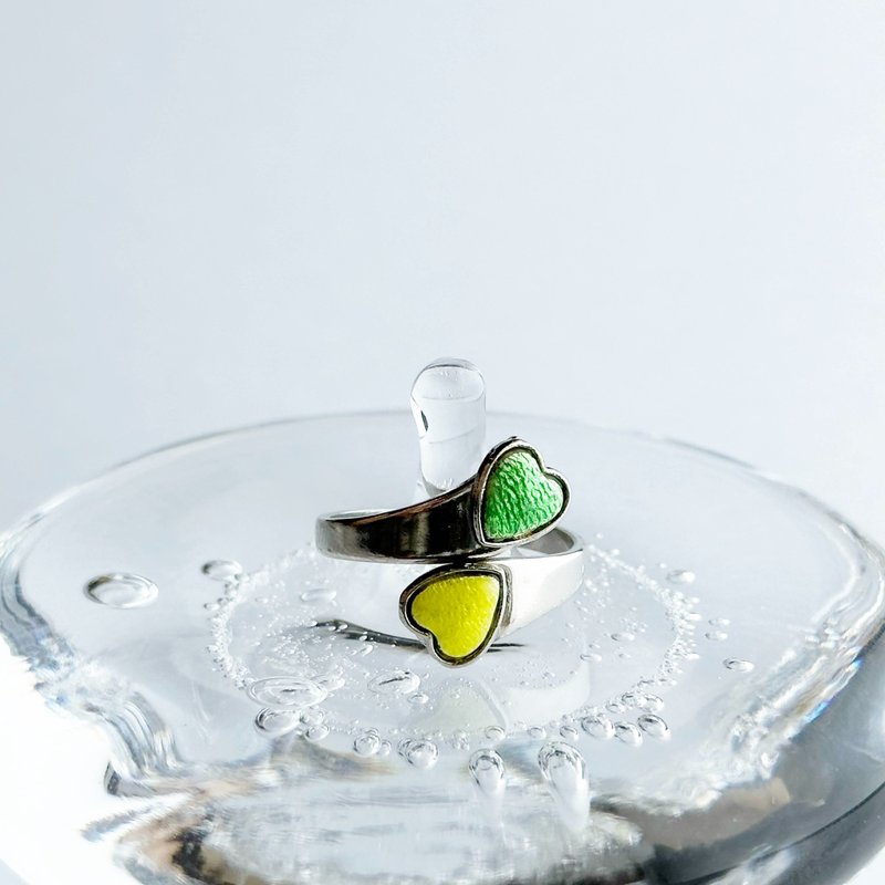 Twin Hearts [Green & Yellow] Cloisonne Ring, Pure Silver Cloisonne - General Rings - Other Materials Green