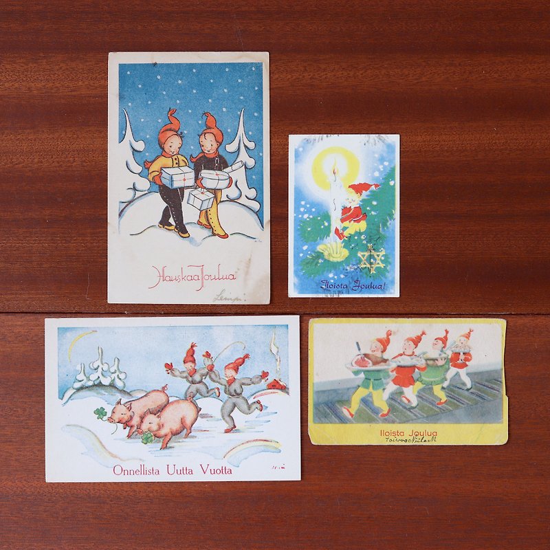 ノルディッククリスマスエルフ古いポストカード4セット - カード・はがき - 紙 