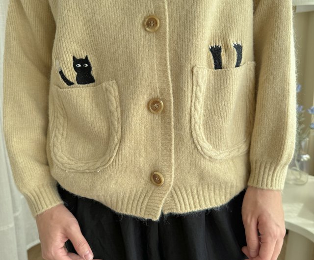 Cardigan ポケット付きカーディガン Beige ベージュ 猫 - ショップ