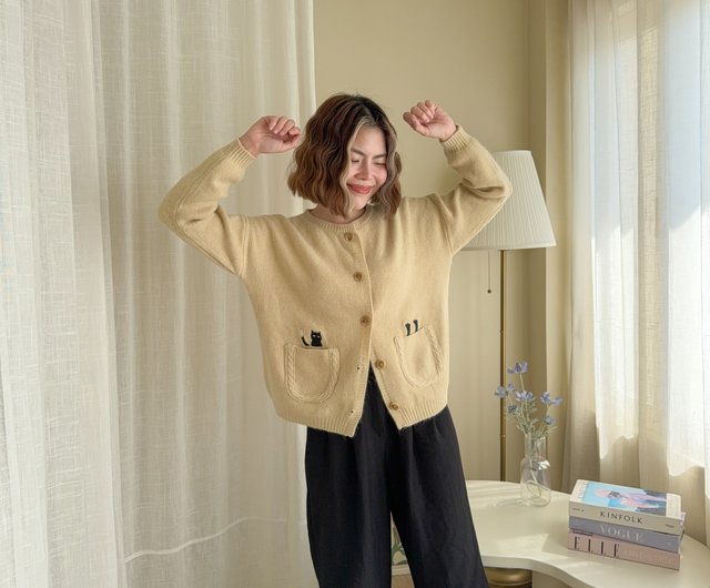 Cardigan ポケット付きカーディガン Beige ベージュ 猫 - ショップ