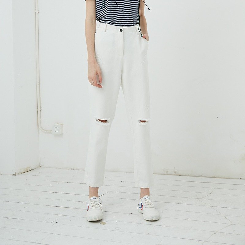 Cotton denim broken jeans - กางเกงขายาว - ผ้าฝ้าย/ผ้าลินิน ขาว