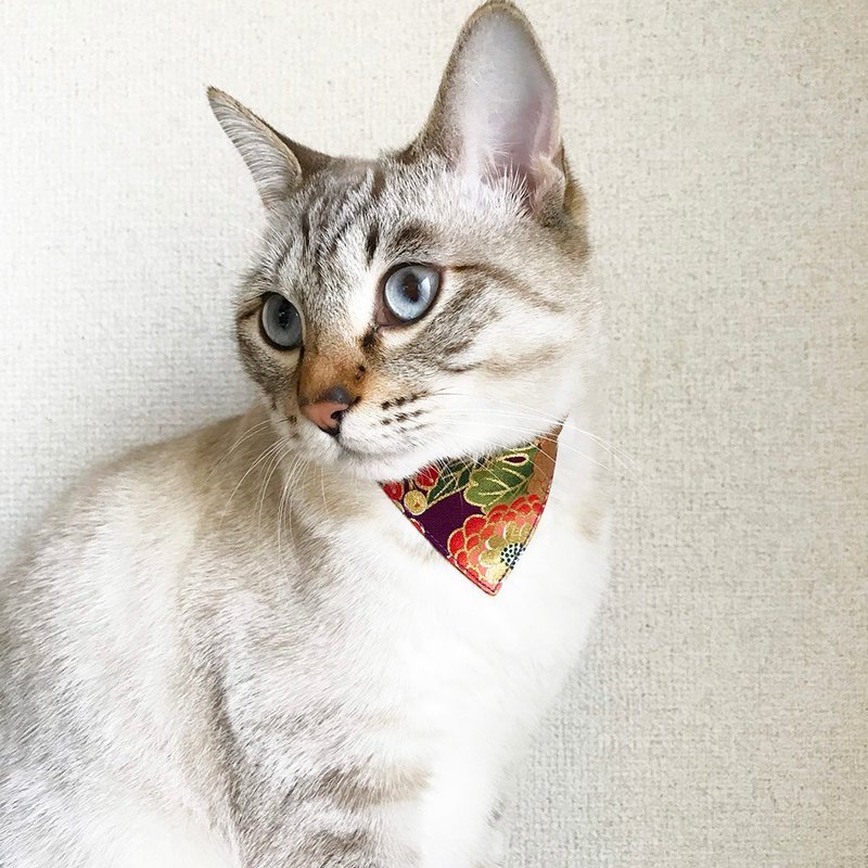 【菊毬柄】猫用バンダナ風セーフティ首輪 安全首輪 猫首輪 - 項圈/牽繩 - 棉．麻 紅色