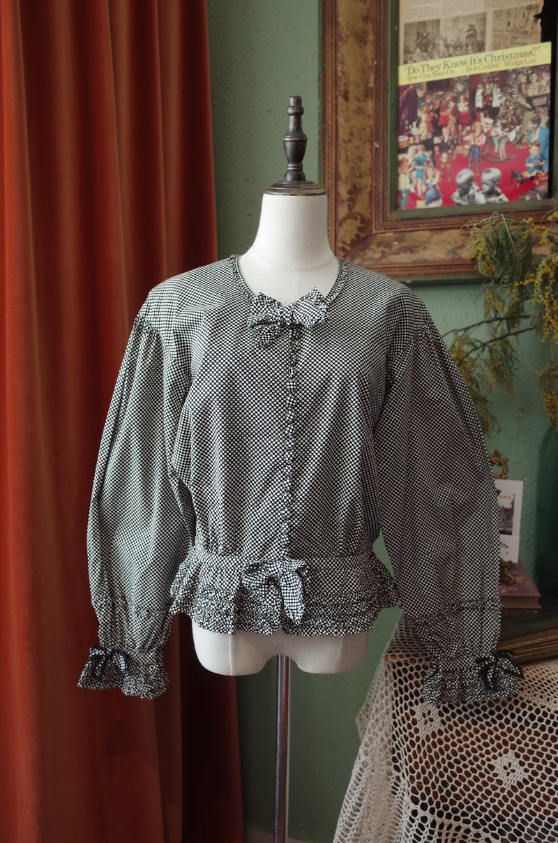 中古日牌pinkhouse黑白波點 木耳邊蝴蝶結 襯衫 - 女襯衫 - 棉．麻 