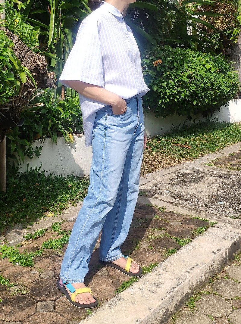Short Sleeve Shirt, Blue-White Stripe, Bell Shape Sleeve, Curve hem, Side Slit. - Women's Shirts - Cotton & Hemp Blue