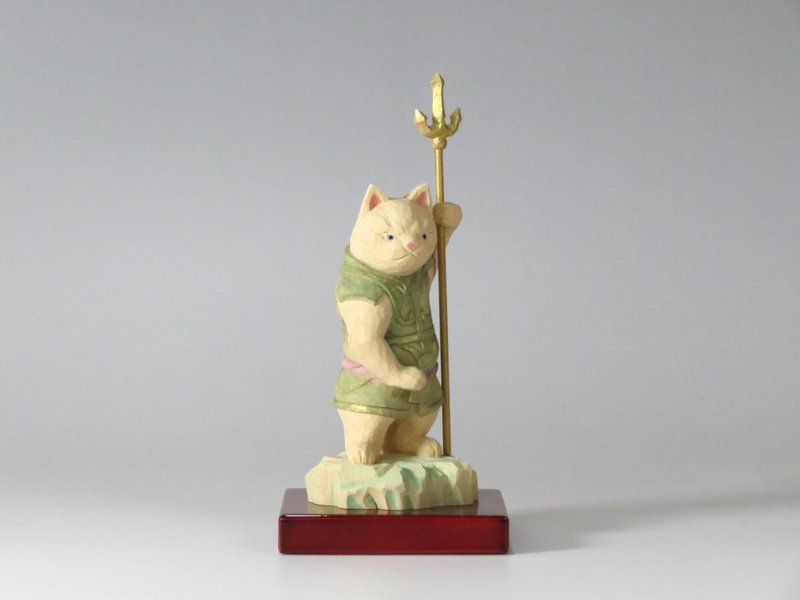 木彫り　広目天猫  四天王広目天  猫仏2403 - 擺飾/家飾品 - 木頭 綠色