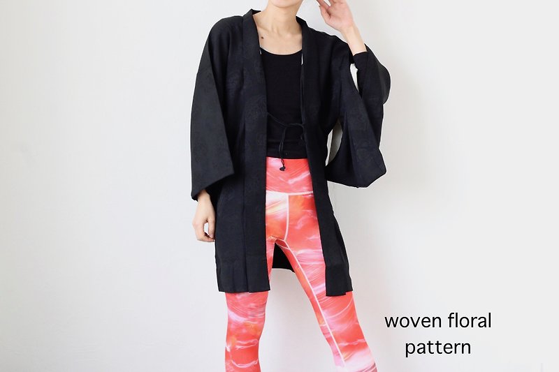 floral Haori, kimono cardigan /4145 - เสื้อแจ็คเก็ต - ผ้าไหม สีดำ